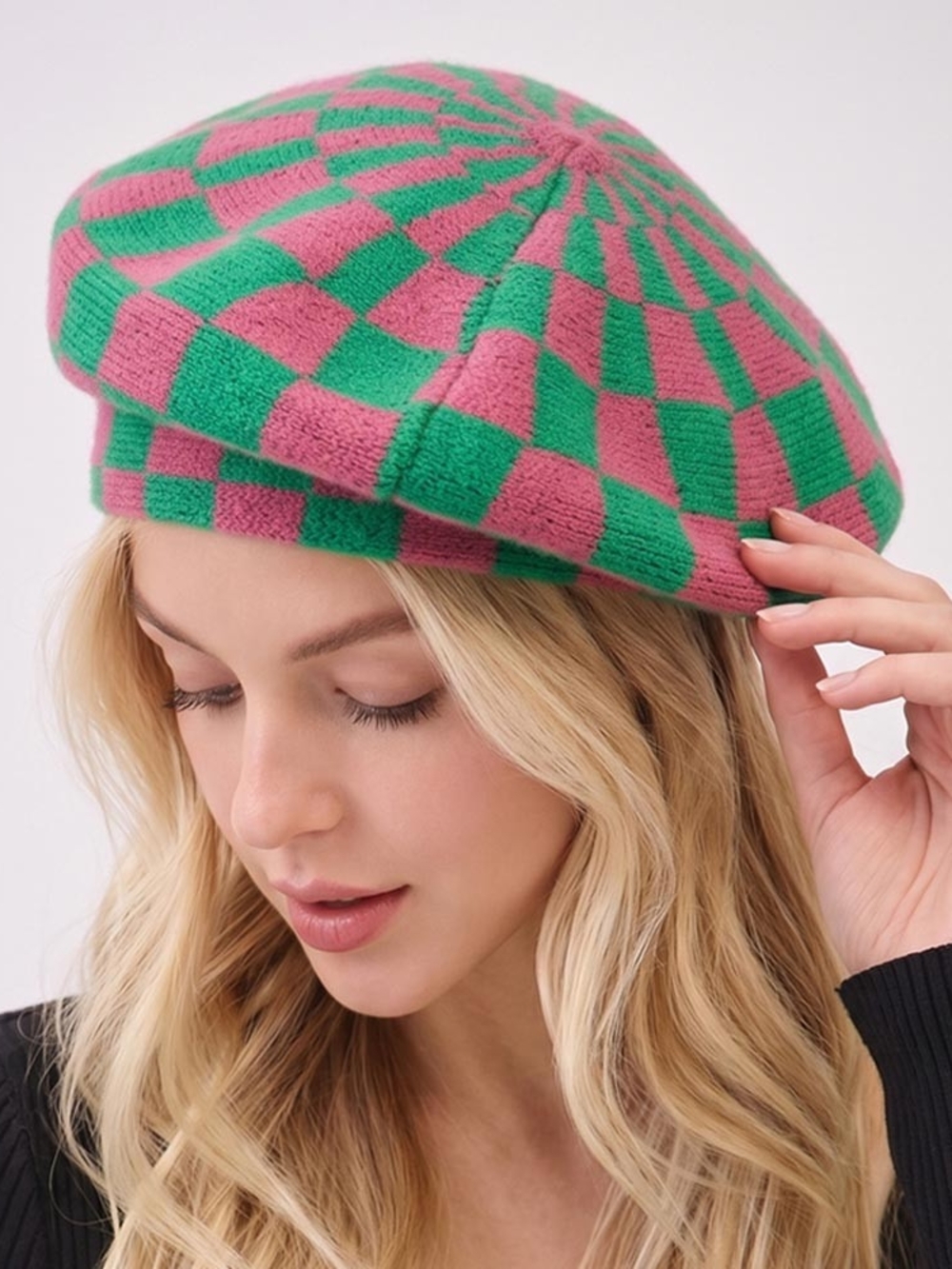Beret Checkerboard Pink & Green Beret Hat - AKAlpha Hat